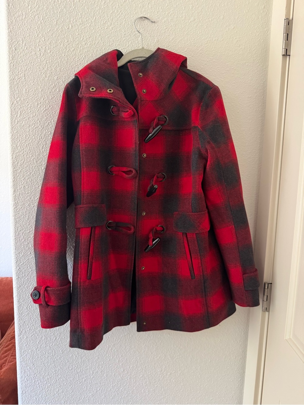 Pendleton Red and Black Plaid Toggle Pea Coat
